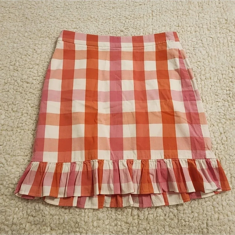 J. CREW pink orange and white‎ plaid ruffled skirt size 0